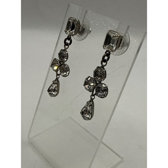 Vintage Rhinestone Drop Dangle Earrings Silver Tone Post Back - Picture 3 of 7